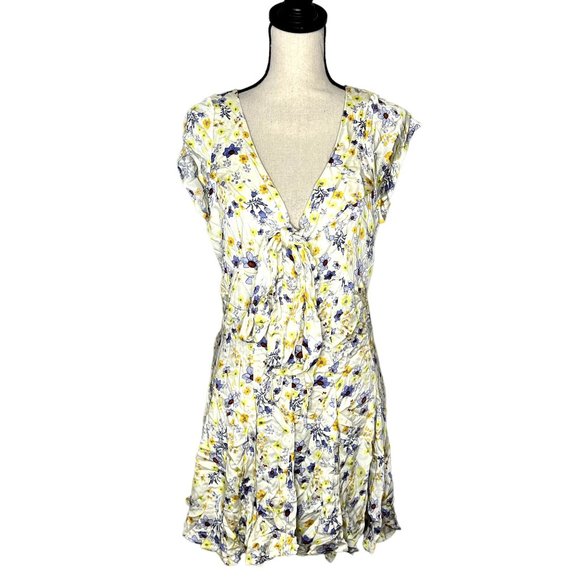 Free People Ivory Combo Floral Short Sleeve It Takes Two Open Back Dress Size L - Picture 1 of 9